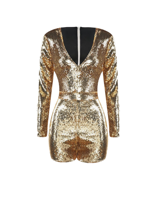 Gold Sequin Stretch - Long Sleeve Jumpsuit (FINAL SALE) (NO RETURN)